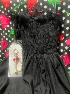 Black Smocked Lace-Trim Sundress with Pearl & Red Charm